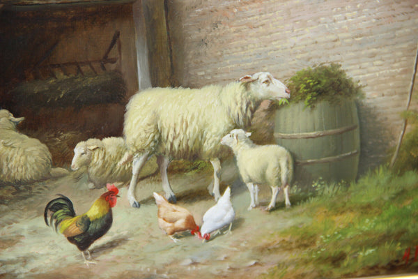 PAIR oil panel painting Sheep lamb chicken rooster farm signed HILAIRE BALS