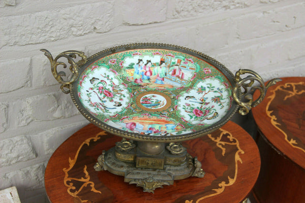 Gorgeous Canton chinese porcelain plate Bronze frame lion paws centerpiece bowl