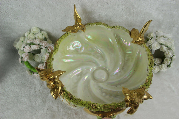 Vintage italian porcelain Centerpiece bowl with encrusted flowers and birds