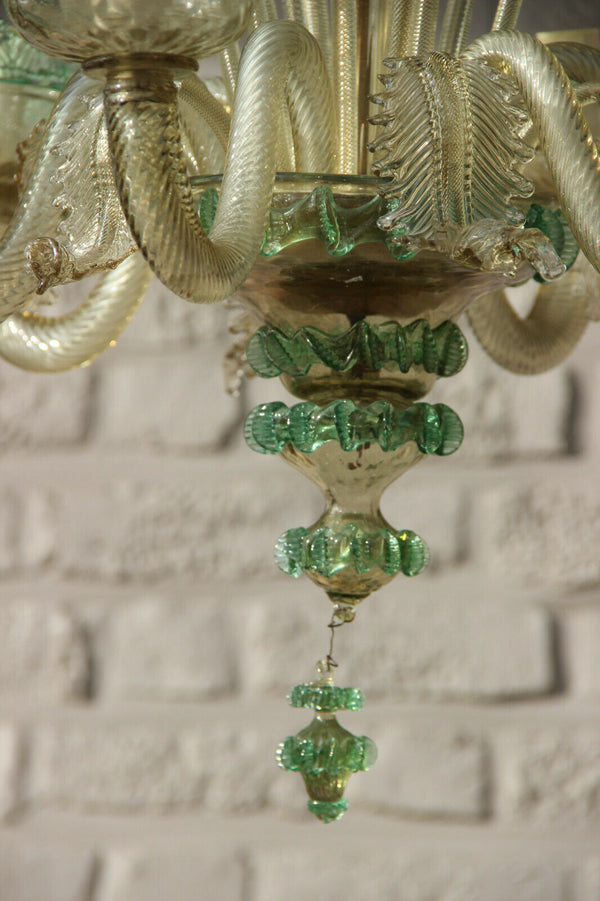 Rare murano green amber colour 6 arms hand blown glass chandelier 1970 Italy
