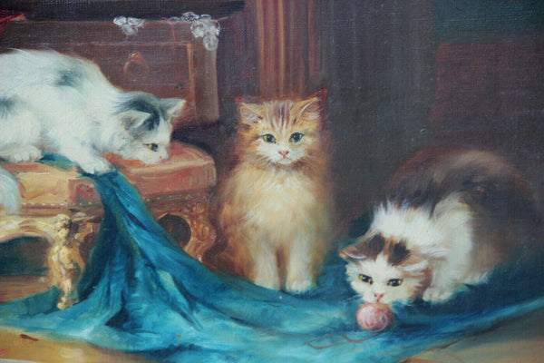 Flemish school oil canvas kittens cats animal painting signed Merson 1950s n2