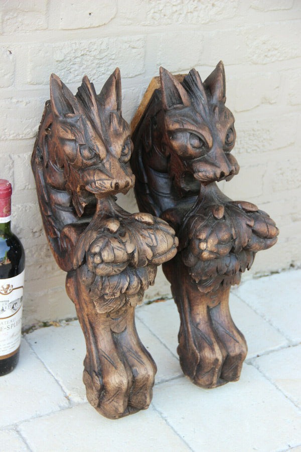 XXL Antique  PAIR oak wood carved hunting table dragon gothic legs figurines n1