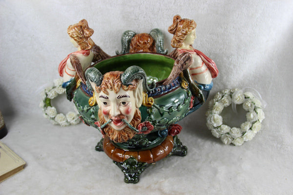 Stunning XXL Satyr caryatid heads Barbotine Majolica Planter jardiniere Vintage