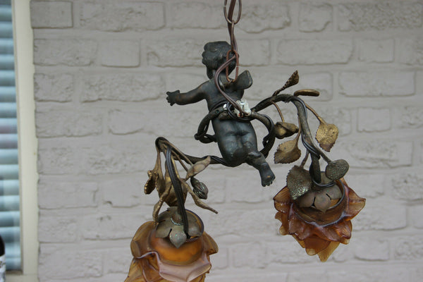 Antique french bronze putti angel 2 arm pendant lamp chandelier rose bush rare