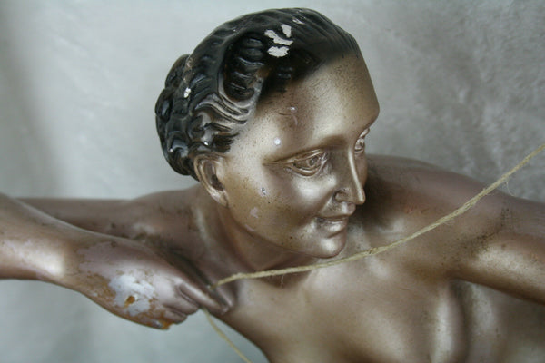 HUGE XL ART deco chalkware Hunting lady with whippet greyhound bow wood base