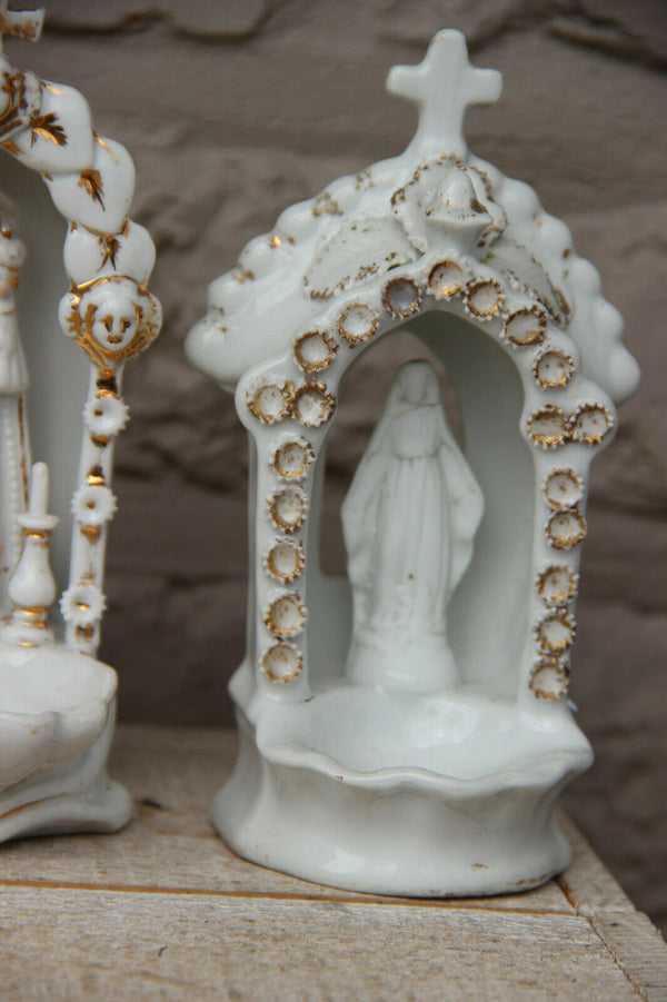 Set 4 antique French porcelain holy water font chapel madonna figurine