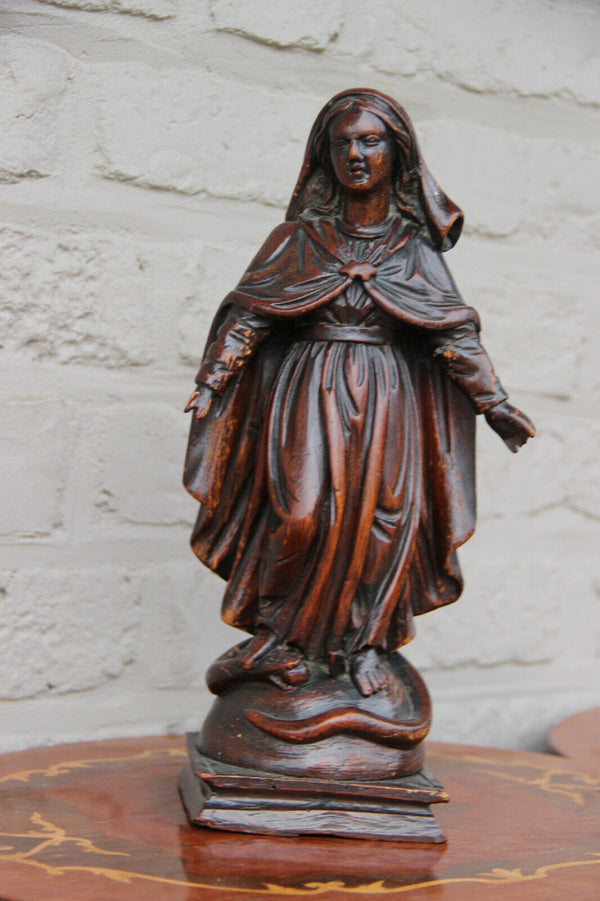 Antique Flemish 18th c oak Wood carved madonna statue figurine religious