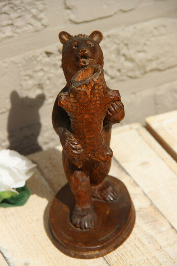 Antique hand Black forest wood carved swiss bear statue candle holder