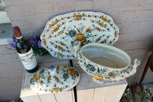 Large DELFT polychrome pottery marked Centerpiece bowl tureen on plate floral