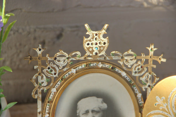 Rare french antique brass inlaid stones enamel porcelain medaillon picture frame