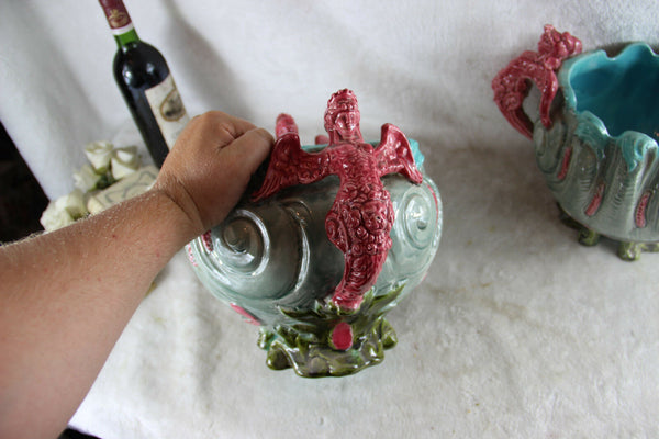 PAIR French art nouveau barbotine majolica Caryatid lion head palnter jardiniere