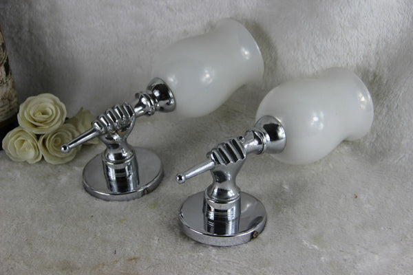 PAIR mid century 1970 Chrome Hand wall lights sconces opaline glass attr jansen