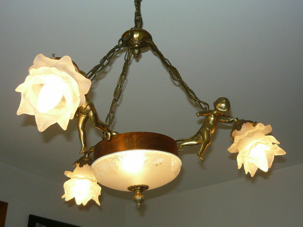 French Mathieu signed bronze glass 3 putti angels chandelier pendant