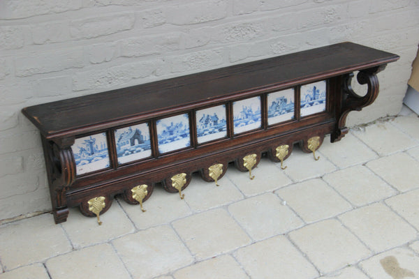 Huge Antique oak wood carved wall coat rack delft pottery tiles 1920s