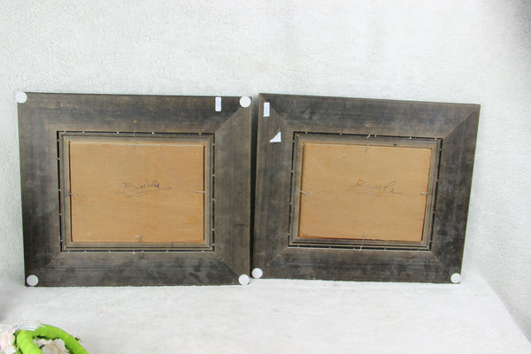 PAIR oil panel painting Sheep lamb chicken rooster farm signed HILAIRE BALS