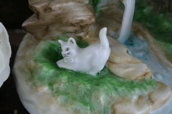 VTG German porcelain marked Figurine girl goose kitten group 1960's