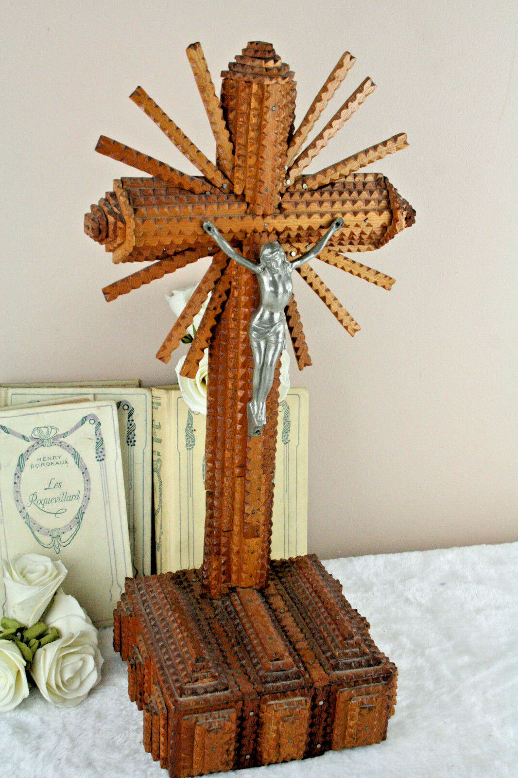 French antique crucifix wood tramp art 1945 hand made cross christ religious