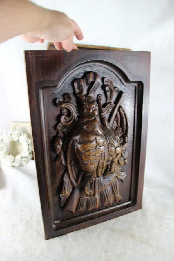 PAIR antique Black Forest wood carved hunting cabinet door panels bird no1