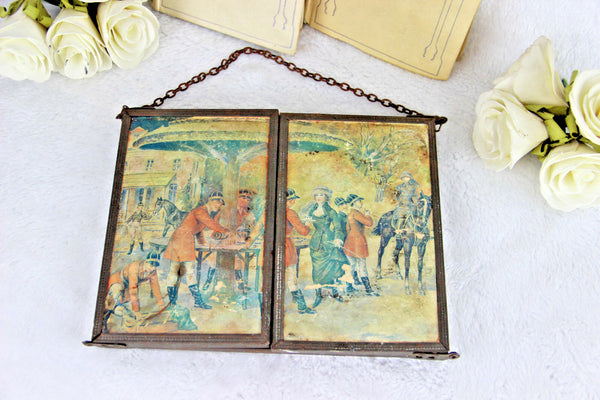 Antique French 1900 Barber mirror tryptich open/fold system chromos hunt dogs