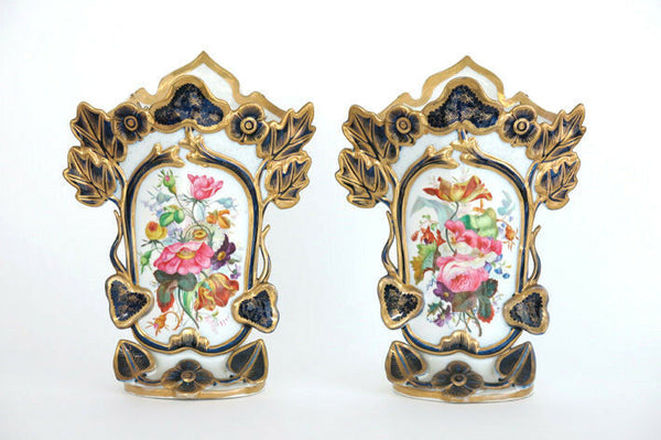 PAIR 19thC old Bayeux Paris porcelain floral hand paint decor French Vases