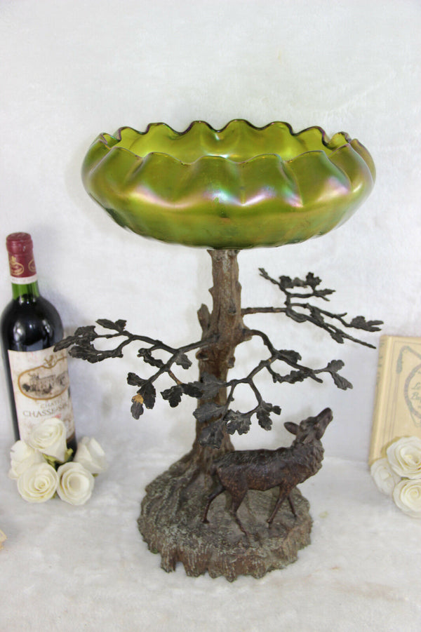 Antique Art nouveau center bowl tree green iridescent glass Vase attr. LOETZ