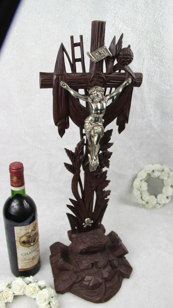 Antique German wood carved Black forest Crucifix cross religious