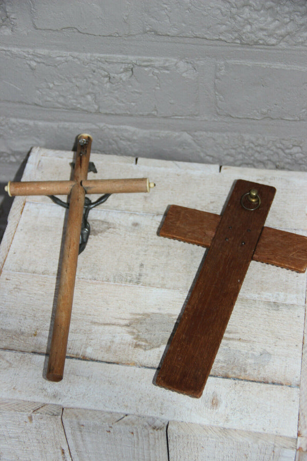 PAIR antique french religious wood carved crucifix