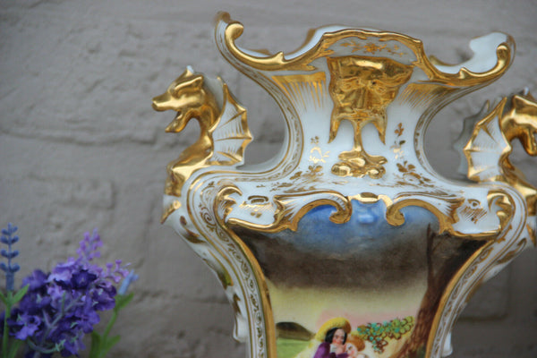 PAIR Antique 19thc Vieux paris porcelain Vases dragon gothic victorian rare