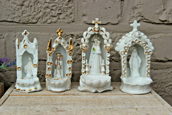 Set 4 antique French porcelain holy water font chapel madonna figurine