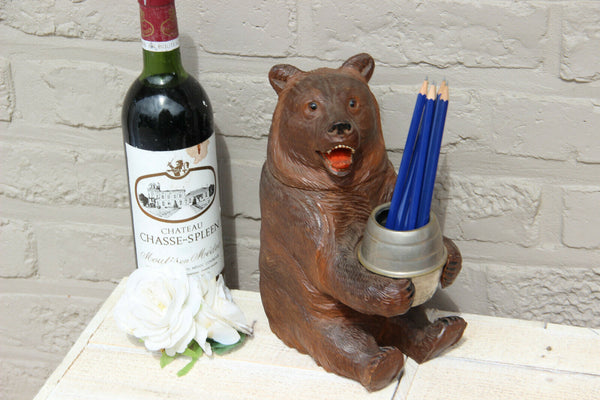 LARGE Antique hand Black forest wood carved swiss bear statue desk pen holder