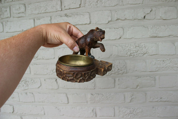 Antique hand Black forest wood carved swiss bear statue ashtray