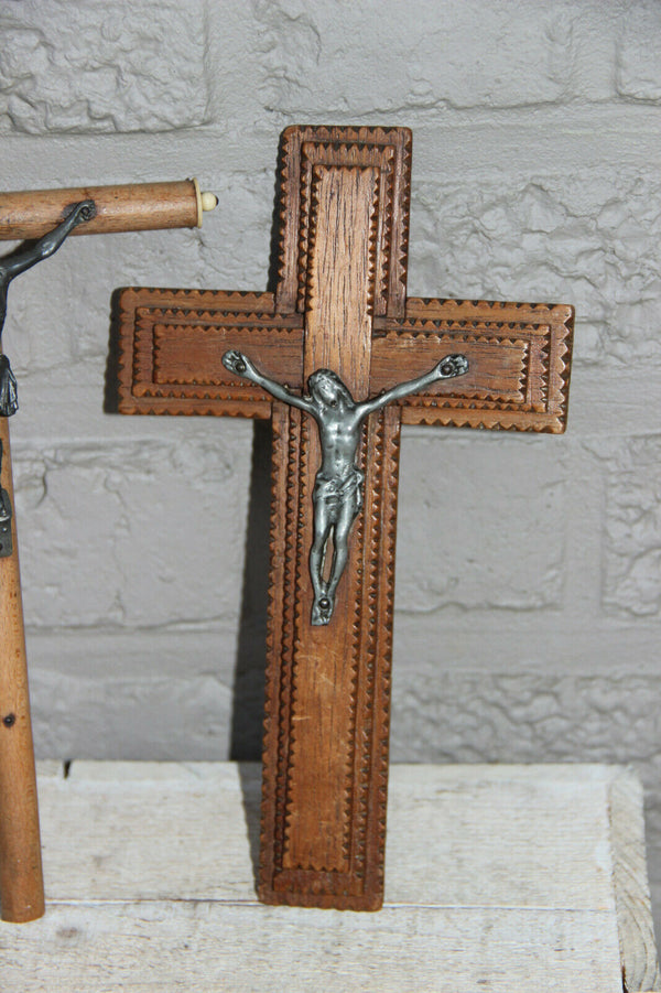PAIR antique french religious wood carved crucifix