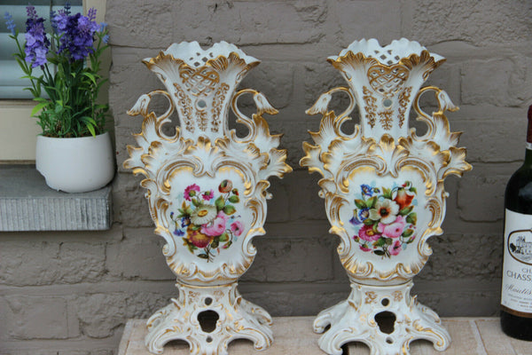 PAIR antique French vieux paris porcelain hand paint floral scene