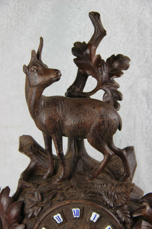 Huge BLACK FOREST wood carved 1885 Clock deer hunt birds marked