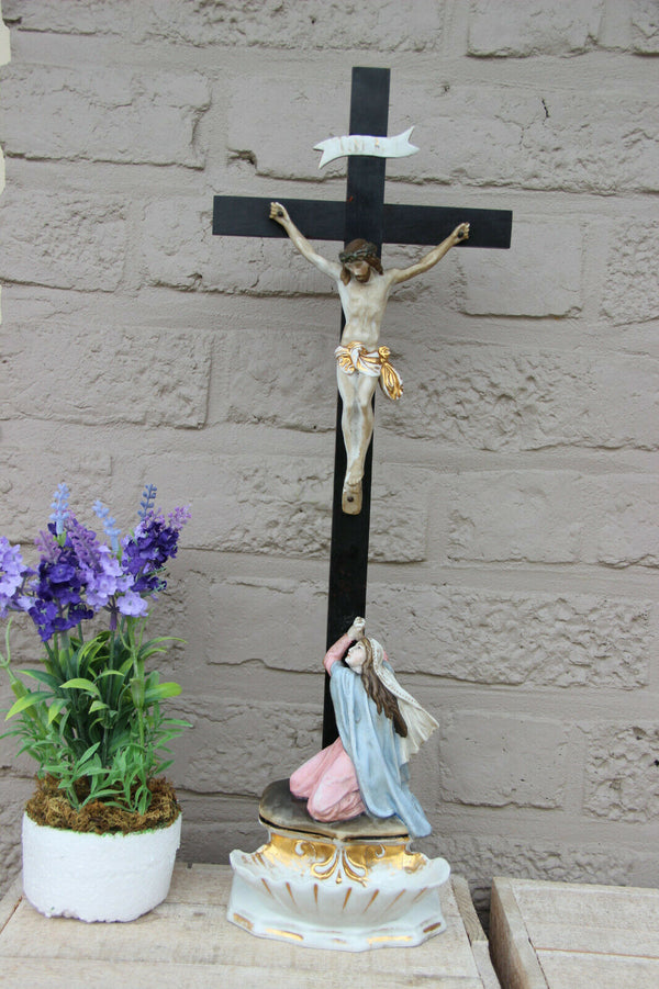 Antique 19thc french vieux paris porcelain Holy water font crucifix magdalena