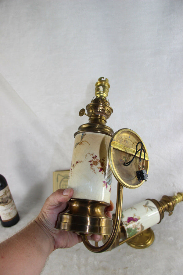 PAIR Chinese Faience craquele oil lamps wall lights  sconces electrified