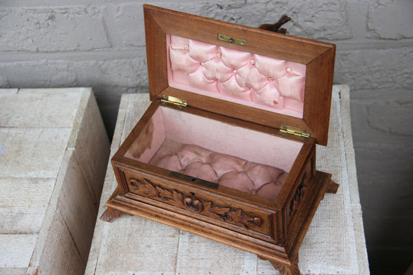 Antique Black forest Swiss wood carved box jewelry trinket 19th c deer animal