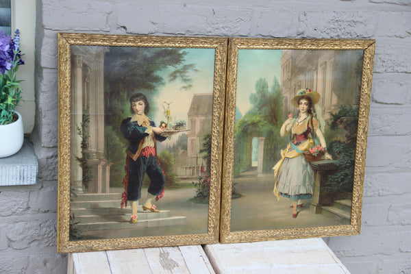 PAIR antique 19thc Chromo Litho Waiter waitress castle aristocratic framed