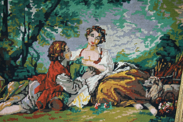 Gorgeous French 1975 Needlepoint Romantic lady dog scene framed