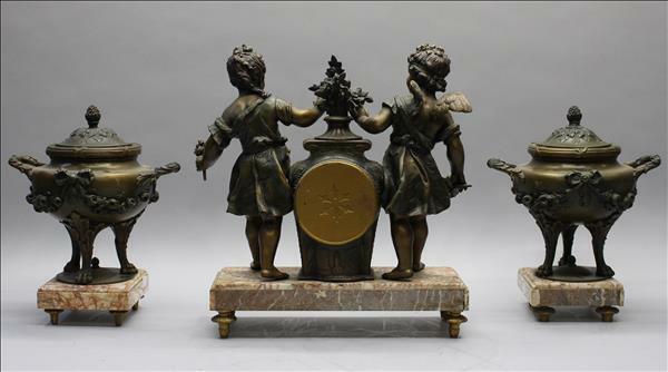 Antique French spelter Bronze clock garniture Vases urns cherubs marked Bruchon