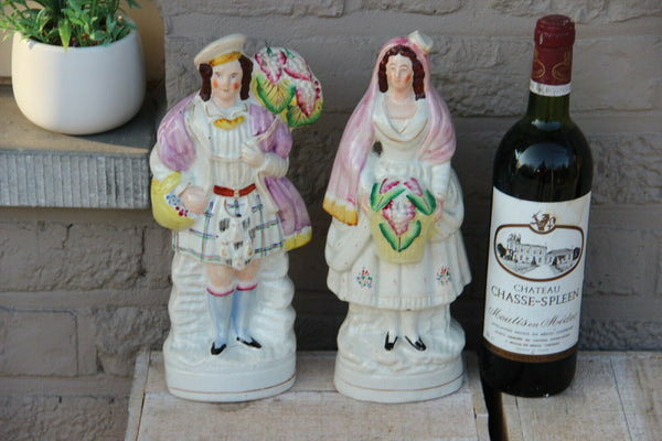 PAIR Antique victorian STAFFORDSHIRE pottery Statue figurine scottish flower