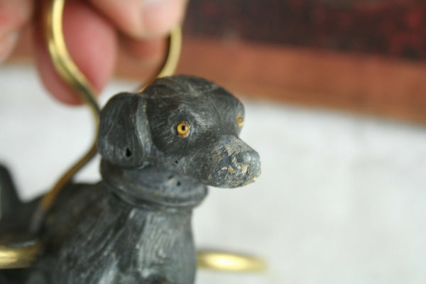 Unusual Antique French Spelter dog salt pepper shaker mustard set rare 1920