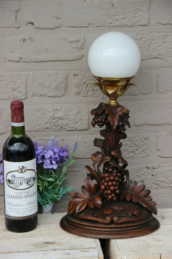 Rare Antique Swiss black forest wood carved table lamp Grape tree floral