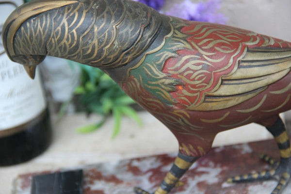 Antique french art deco spelter bronze polychrome paint pheasant bird marble