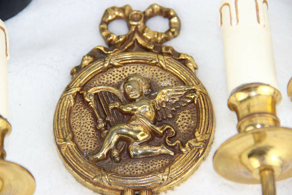 Gorgeous pair 1960's Putti angels cherubs Wall lights sconces brass louis XVI