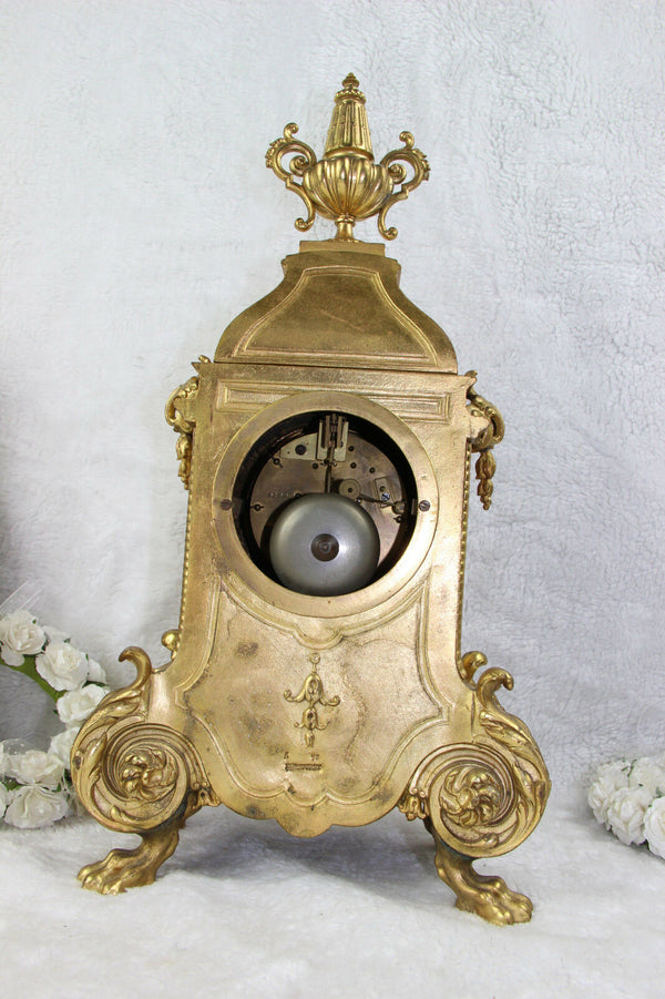 Antique French Mantel clock pink sevres porcelain plaques putti bird floral