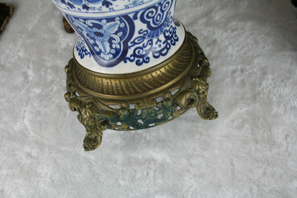 PAIR 1900 Delft Boch pottery Vases with birds bronze frames satyr devil heads