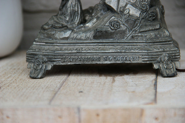 Antique French Notre dame LOURDES Spelter music box porcelain flowers lamp