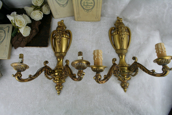 PAIR antique FRENCH bronze gold gilt wall lights sconces satyr devil heads 1925