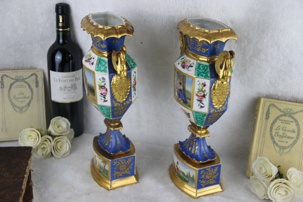 RARE PAIR antique 19thc Vieux paris porcelain scenes floral  Vases swan handles